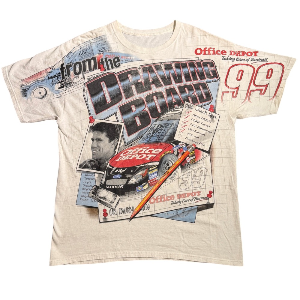 Vintage NASCAR Carl Edwards #99 Office Depot All Over Print T-Shirt Cream XL‎